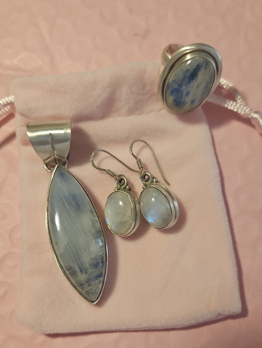 Moonstone Silver Pendant, Earrings and Ring Set - Pale Blue Moonstone
